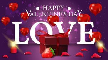 Horizontal purple Valentine's day greeting card with gift and strawberry vector
