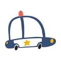 Police car isolated on white background in cartoon hand drawn style. Childish transport icon for nursery, baby apparel, textile and product design, wallpaper, wrapping paper, card, scrapbooking vector