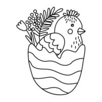 Cute little chicken in egg decorated with spring flowers. Great for Easter greeting cards, coloring books. Doodle hand drawn illustration black outline.