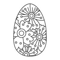 Cute egg decorated with flowers. Great for Easter greeting cards, coloring books. Doodle hand drawn illustration black outline. vector
