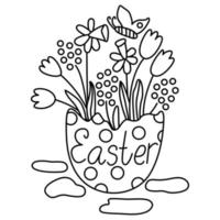 Eggshell with spring flowers and butterfly. Great for Easter greeting cards, coloring books. Doodle hand drawn illustration black outline.