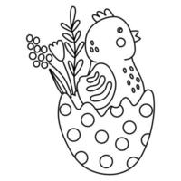 Cute little chicken in egg decorated with spring flowers. Great for Easter greeting cards, coloring books. Doodle hand drawn illustration black outline. vector