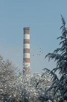 Industrial Old Tall Brick Chimney without smoke, on blue sky on a frosty day. photo