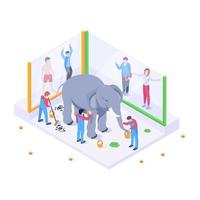 Persons cleaning elephant, isometric illustration of zoo workers vector