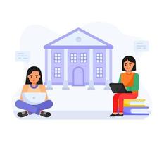 A flat icon of college campus, students with university building vector