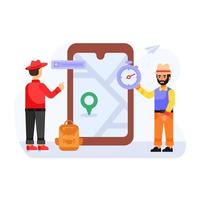 Person booking online flight, flat illustration of travel app vector