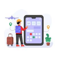 Person booking online flight, flat illustration of travel app vector