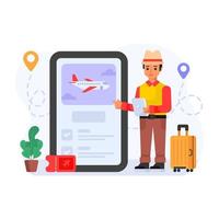 Person booking online flight, flat illustration of travel app vector