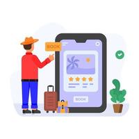 Person booking online flight, flat illustration of travel app vector