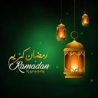 diseño de saludo ramadan kareem islámico con ilustración de caligrafía árabe ramadan kareem y linterna de lujo sobre fondo verde borroso. ilustración de linterna dorada. ramadán kareem caligrafía árabe. vector