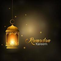 Ramadan Kareem Greeting Design Islamic with Blur Background and Luxury Lantern. Golden Lantern Vector Illustration. Ramadan Kareem Background for Banner, Flyer, Greeting Card, Poster, and Brochure.