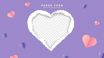 Editable purple torn paper design with love shaped blank space to insert text, products, or photos vector