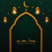 Beautiful Ramadan Kareem Design Concept. Realistic Ramadan Kareem Background with Arabic Ramadan Kareem Calligraphy, Gold Lantern, Star, and Moon Illustration. Vector Illustration Editable. EPS 10