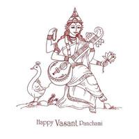 dibujar a mano al dios indio saraswati maa en el diseño de la tarjeta vasant panchami vector