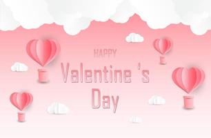 Love and Valentine day, Lovers stand and a paper art heart shape balloon floating in the sky. craft style. vector