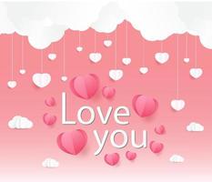 Love and Valentine day, Lovers stand and a paper art heart shape balloon floating in the sky. craft style. vector