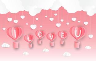 Love and Valentine day, Lovers stand and a paper art heart shape balloon floating in the sky. craft style. vector