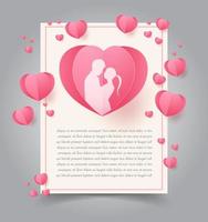 Love and Valentine day, Lovers stand and a paper art heart shape balloon floating in the sky. craft style. vector