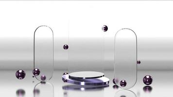 Fondo de escenario de podio 3d con soporte metálico púrpura y sentido de morfismo de vidrio de bolas colgantes para publicidad de productos foto