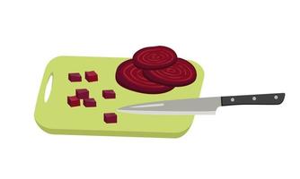 Red beet slices and cubes cut with knife on board. Healthy vegetables and delicious food for salad, cooking. Vector flat illustration