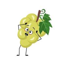 Grape character with emotions in panic grabs his head, surprised face, shocked eyes, arms and legs. Person with scared expression, berry emoticon. Vector flat illustration