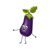 Eggplant character with happy emotion, joyful face, smile eyes, arms and legs. Person with expression, vegetable emoticon. Vector flat illustration