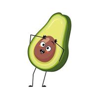 Avocado character with emotions in panic grabs his head, surprised face, shocked eyes, arms and legs. Person with scared expression, vegetable emoticon. Vector flat illustration