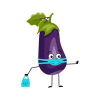 Eggplant character with sad emotions, face and mask keep distance, hands with shopping bag and stop gesture. Person with care expression, vegetable emoticon. Vector flat illustration