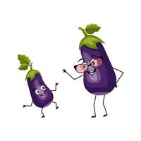 Eggplant character with happy emotion, joyful face, smile eyes, arms and legs. Person with expression, vegetable emoticon. Grandmother with glasses and grandson dancing. Vector flat illustration