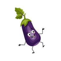 Eggplant character with happy emotion, joyful face, smile eyes, arms and legs. Person with expression, vegetable emoticon. Vector flat illustration