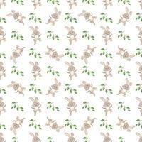 Happy Easter seamless pattern. Festive decoration print with rabbit and green twig and leaves on white background. Elements for wrapping paper, textiles and decor. Vector flat illustration