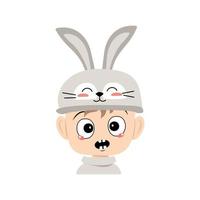 Boy with big eyes and emotions panic, surprised face, shocked eyes in rabbit hat with long ears. Child with scared expression for Easter, New Year or carnival costume. Vector flat illustration