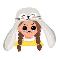 Girl with big eyes and angry emotion, grumpy face, furious eyes in rabbit hat with long ears. Child with furious expression for Easter, New Year or carnival costume for party. Vector flat illustration