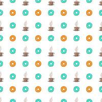 Seamless pattern of glazed donuts and cups of tea or coffee. Sweet pastry print for birthday, holiday and party. Vector flat illustration of dessert and food