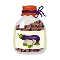 Jar of eggplants, vegetables preservation, preparation for winter. Useful and tasty product, healthy food. Vector flat illustration