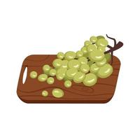 Berries of light grapes on branch on wooden cutting board. Sweet healthy food, delicious dessert or snack. Vector flat illustration