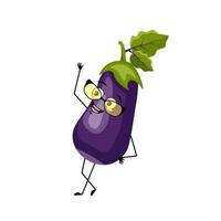 Eggplant character with happy emotion with glasses, joyful face, smile eyes, arms and legs. Person with expression, vegetable emoticon. Vector flat illustration