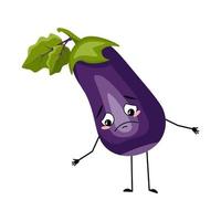 Eggplant character with sad emotions, depressed face, down eyes, arms and legs. Person with melancholy expression, vegetable emoticon. Vector flat illustration