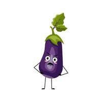 Eggplant character with angry emotions, grumpy face, furious eyes, arms and legs. Person with irritated expression, vegetable emoticon. Vector flat illustration