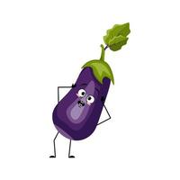 Eggplant character with emotions in panic grabs his head, surprised face, shocked eyes, arms and legs. Person with scared expression, vegetable emoticon. Vector flat illustration