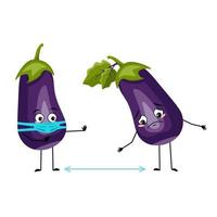 Eggplant character with sad emotions, face and mask keep distance, arms and legs. Person with expression, vegetable emoticon. Vector flat illustration