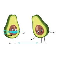 Avocado character with sad emotions, face and mask keep distance, arms and legs. Person with expression, vegetable emoticon. Vector flat illustration