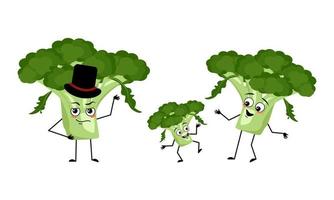 Family of broccoli characters with happy emotions, smile face, happy eyes, arms and legs. Mom is happy, dad is wearing hat and child is dancing. Vector flat illustration