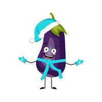 Eggplant character in Santa hat with happy emotion, joyful face, smile eyes, arms and legs with scarf and mittens. Person for Christmas and New year. Vector flat illustration