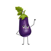 Eggplant character with emotions of hero, brave face, arms and leg. Person with courage expression, vegetable emoticon. Vector flat illustration