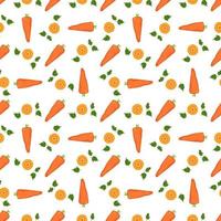 Seamless pattern with orange  carrot. Healthy food print, whole vegetable, cut into circles, slices, parts and sticks and parsley leaves on white background. Vector flat illustration