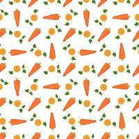 Seamless pattern with orange  carrot. Healthy food print, whole vegetable, cut into circles, slices, parts and sticks and parsley leaves on white background. Vector flat illustration