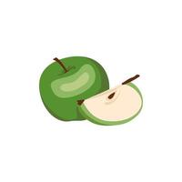 Green apple icons set. Whole fruits and halves with seeds. Food for healthy diet. Sweet snack. Vector flat illustration