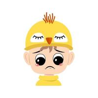 Avatar of boy with big eyes and sad emotions, depressed face, down eyes in yellow chicken hat. Child with melancholy expression for Easter, New Year or costume for party. Vector flat illustration