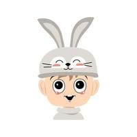 Avatar of boy with big eyes and wide happy smile in cute rabbit hat with long ears. Head of child with joyful face for holiday Easter, New Year or carnival costume for party. Vector flat illustration